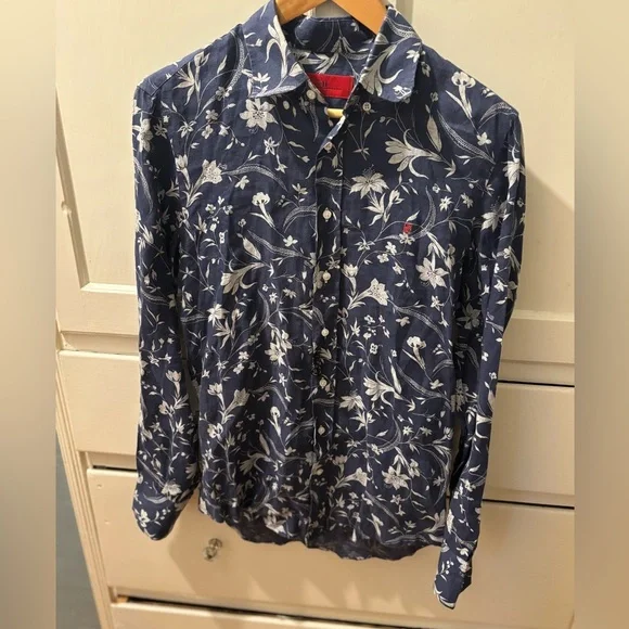 Carolina Herrera Men's Linen Blue Floral Print Button Down Shirt - Size 15 - Picture 8 of 11